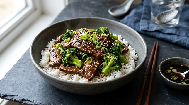 Bowl of beef and broccoli stir fry with white rice served in a dark bowl on a kitchen table. Easy weekday dinners