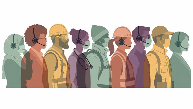 Diverse group of essential workers wearing face masks and headsets in a flat illustration style, suitable for healthcare campaigns, corporate communication and labor diversity.
