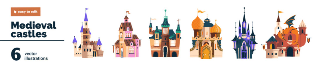 Medieval castles set. Old fortresses with gates and towers. Chateaus with stone walls. Ancients forts, palaces. Fantasy kingdom with dragon. Flat isolated vector illustrations on white background © Paper Trident