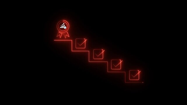 glowing neon Achievement Pathway, digital checklist with glowing badge, symbolizing goal completion and success in a business setting, coach the way of setting goals, objectives and success..