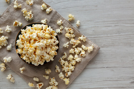 Bacon Flavored Popcorn in a Bowl, top view. Copy space.