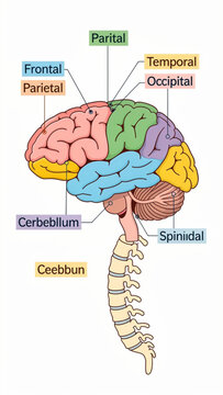 Detailed illustration of human brain with colorful regions including frontal parietal temporal occipital cerebellum and spina cord for medical study