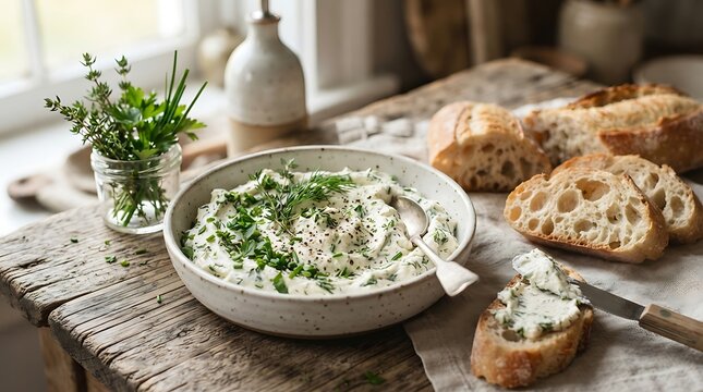 Creamy dip served with crusty bread and fresh herbs on wooden table