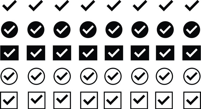 Check mark vector icon set with black tick choices in circles and squares for voting survey options