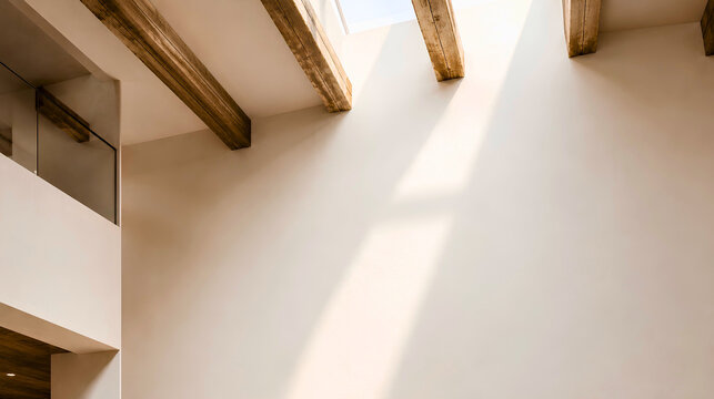 Bright minimalist loft interior with rustic wooden ceiling beams and a blank white wall