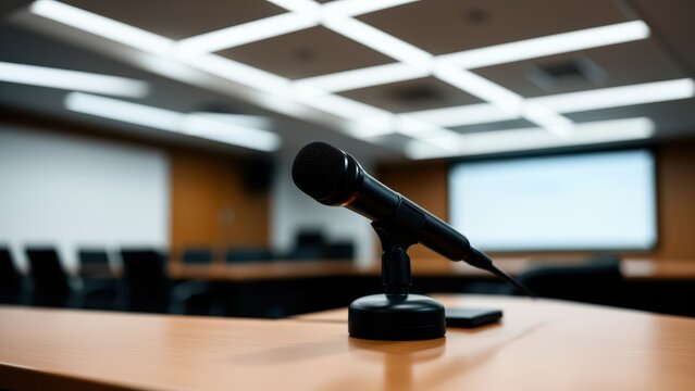 Microphone Ready for Presentation: A lone microphone stands poised on a polished wooden table in a modern conference room, anticipation building for the speaker's address.