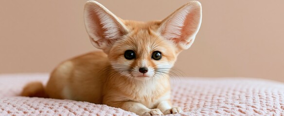 Fototapeta premium A small fennec fox rests on a gentle pastel backdrop, bathed in warm light with a simple, clean setting.