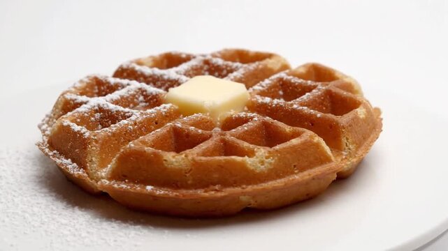 Fresh Belgian Waffle with Melting Butter and Powdered Sugar