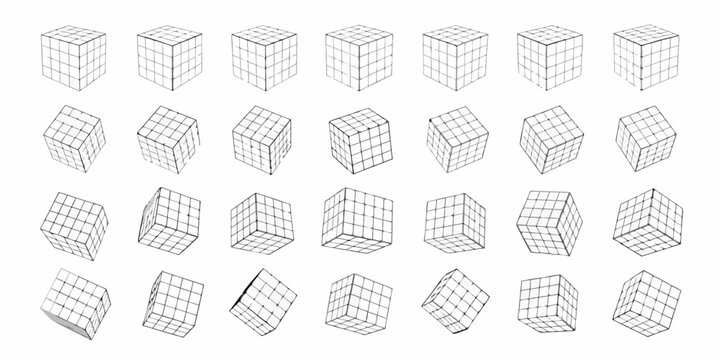 Isometric Wireframe Cubes Rendered In Black Lines On White Background