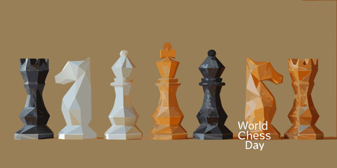 Geometric chess pieces lineup vector illustration with a muted brown background © prince