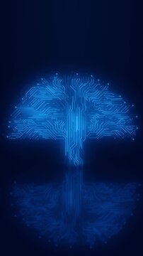 Blue circuit brain technology background glowing neural paths, electronic tree shape, AI atmosphere. for artificial intelligence videos, data science intros, machine learning visuals, and overlays.