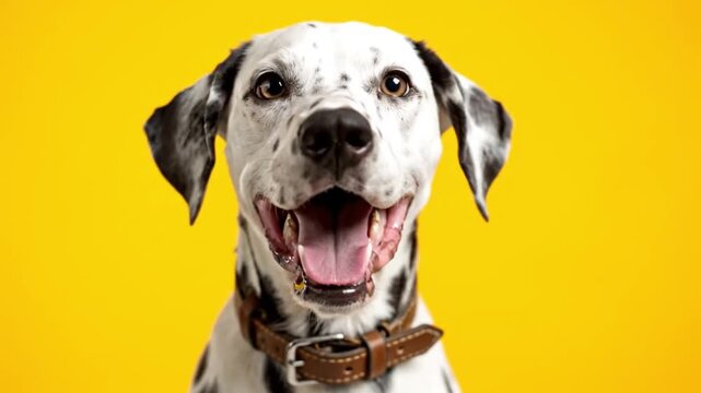 Happy Spotted Dalmatian Dog Looking at Camera Against Vibrant Yellow Studio Backdrop for Portrait