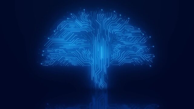 Digital brain circuit interface with cyan electronic pathways, glowing AI mind shape, deep blue technology space. neural videos, robotics promos, science presentations, and machine learning overlays.