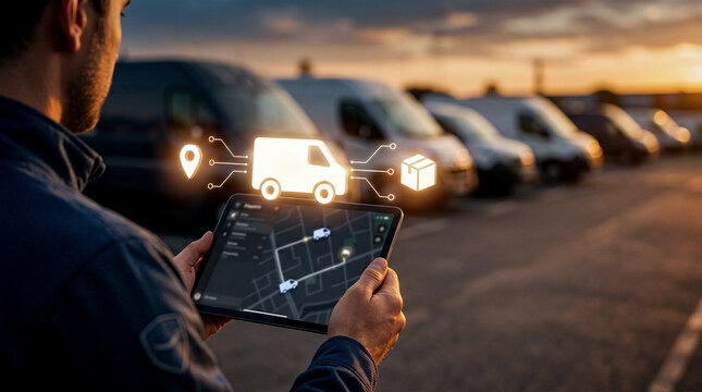 Over-shoulder photo of courier managing last mile delivery on supply chain optimization logistics tech app with tablet near parked fleet of vans at sunset