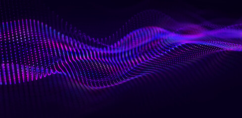 Purple dotted particle wave on dark background with blue highlights. Abstract glowing data surface with flowing curves, soft depth and futuristic technology design. © Alina