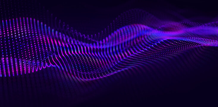Purple dotted particle wave on dark background with blue highlights. Abstract glowing data surface with flowing curves, soft depth and futuristic technology design.