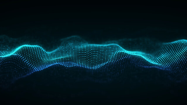Blue dotted wave on dark background with glowing particle lines and soft depth. Abstract digital surface for technology, data signal, sound visualization and modern design.