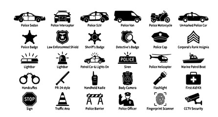Police Car Security Black Style Vector Icon Collection © Md