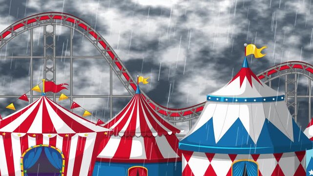 Animated Amusement Park Scene with Rain Falling on Circus Tents