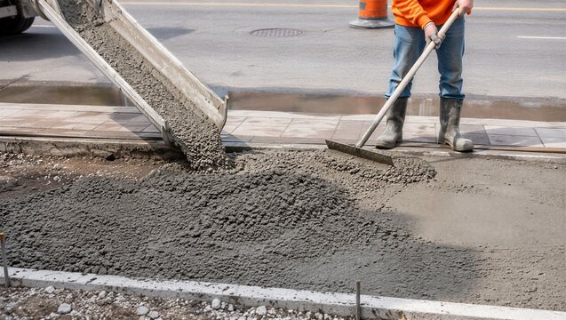 Worker levels fresh concrete delivered from a mixer chute during pavement construction beside an urban road, showing professional casting and surface preparation.