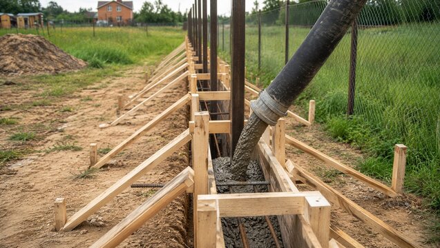 Fresh concrete is pumped into braced wooden formwork with rebar and steel fence posts during construction of a long perimeter footing.