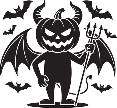 Cartoon jack o lantern devil holding pitchfork with bats