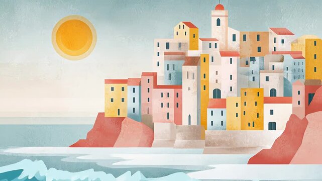 Captivating coastal animation: watch waves crash against colorful cliffside village