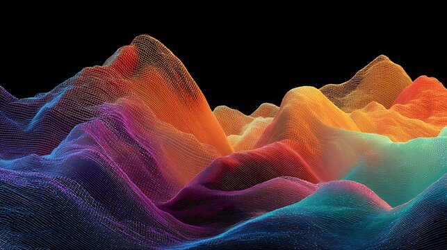 Abstract digital mountain landscape featuring vibrant spectral wireframe mesh surface against deep black background with landscape constructed glowing