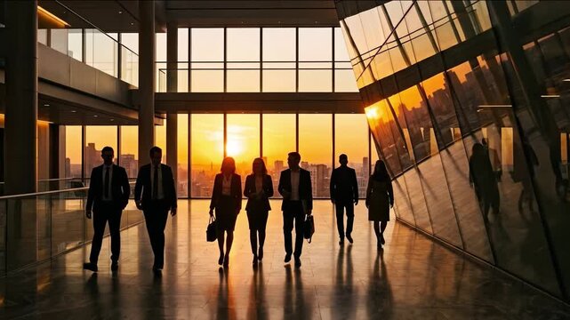 Business professionals walking through a modern glass atrium at sunset. Corporate teamwork, executive leadership, collaboration, ambition and premium office workplace environment.