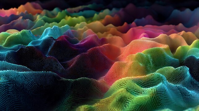 Abstract spectral mesh landscape representing digital data waves and vibrating multicolored geometric particle surface patterns with dimensional landscape created