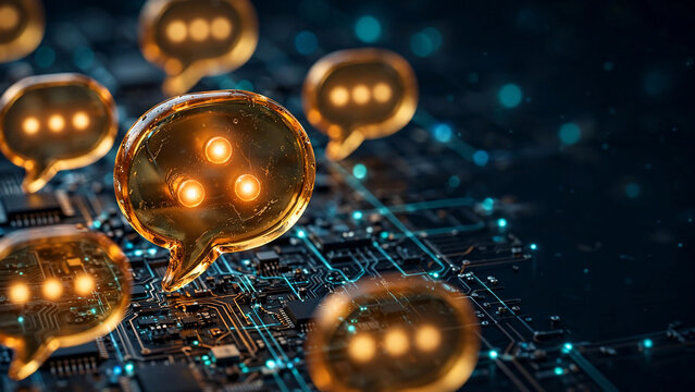 Glowing golden speech bubble icons floating over a dark circuit board, 3D rendering, ideal for digital communication, AI chat and networking