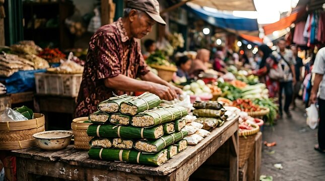 Senior Indonesian merchant selling traditional tempeh wrapped in banana leaves at a busy local traditional market