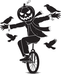 Scarecrow with jack o lantern riding unicycle surrounded by crows © Masud