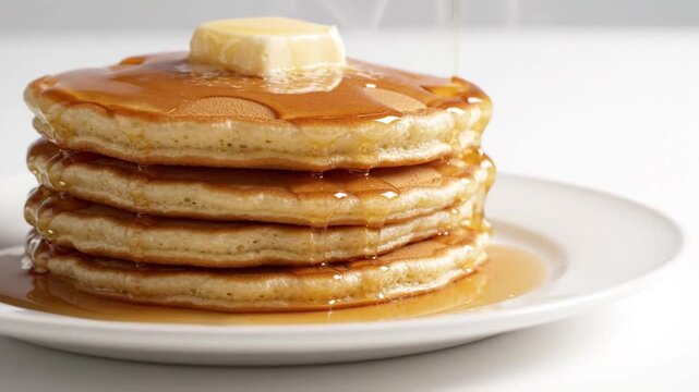 Maple Syrup Pouring Over Fresh Pancake Stack with Butter