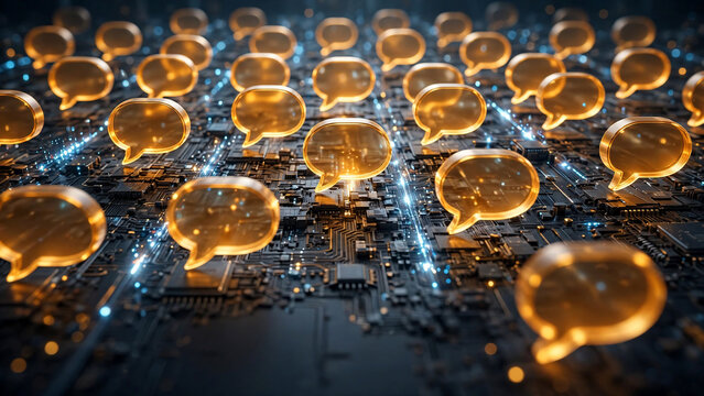Glowing golden speech bubbles floating over a complex circuit board, cinematic 3D rendering, concept for digital communication, social media and AI.