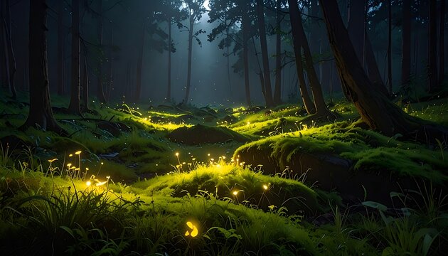 Glowing forest floor with fireflies.