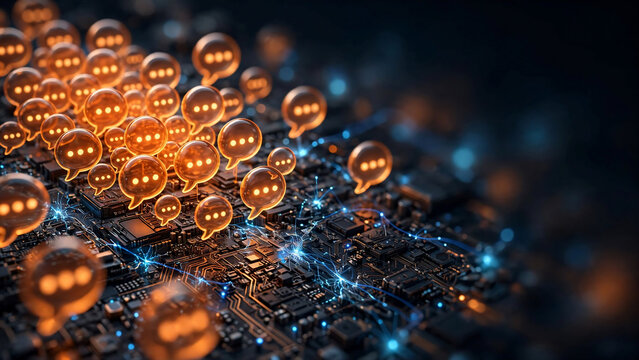 Glowing orange speech bubbles emerging from electronic circuit board, 3D rendering, ideal for digital communication, AI networking and tech messaging.