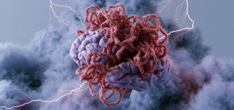 Tangled brain surrounded by stormy clouds symbolizing anxiety and emotional overload.