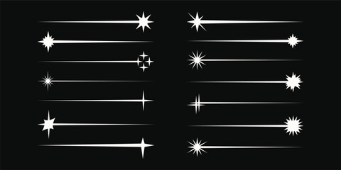 Set of vector celestial star dividers. Simple shooting sparkle lines, radiant starbursts, sleek horizontal highlight streaks. Clean high contrast vector separators isolated on a background. © stasylionet