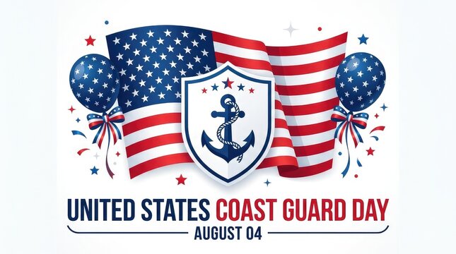 United States Coast Guard Day banner featuring anchor emblem balloons and US flags