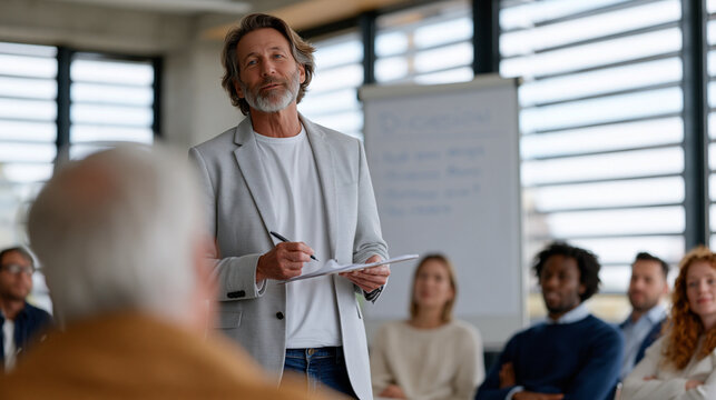 A workshop facilitator in casual blazer writes discussion prompts on a large flip chart while a diverse group of adults sits in a horseshoe arrangement in a bright corporate