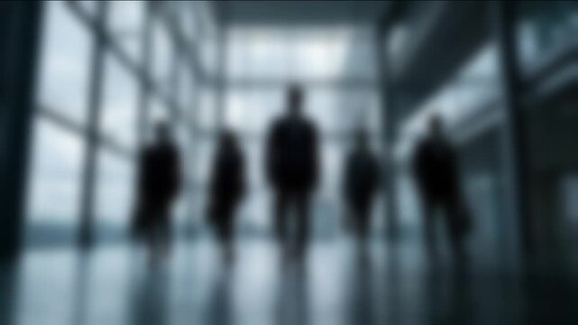 Defocused silhouettes of business professionals walking through a modern glass atrium. Abstract corporate background with motion blur, teamwork, leadership and premium office atmosphere.