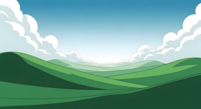 Lush green rolling hills and fluffy white clouds under a clear blue sky landscape illustration