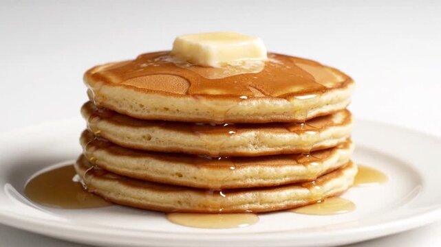 Stack of Fluffy Pancakes with Melting Butter and Syrup