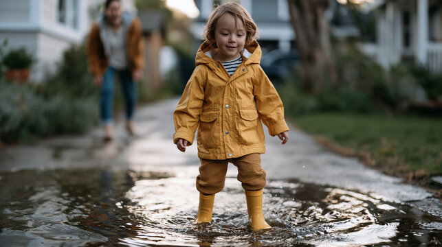 A toddler in rain boots jumping with both feet into a wide puddle in a suburban driveway, parent laughing in the background, wet concrete, joyful childhood freedom captured in an