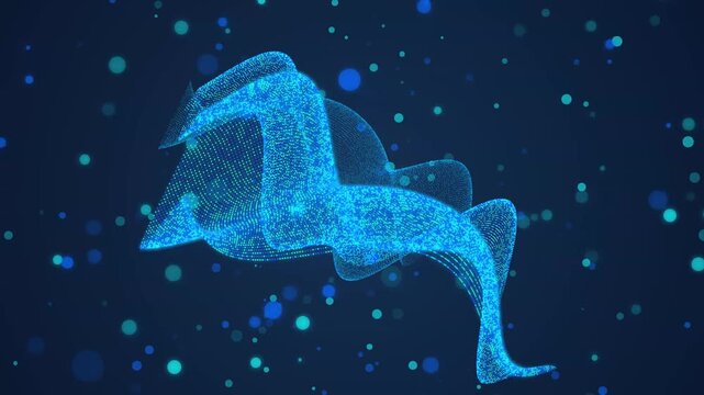 Glowing blue particles form a futuristic running horse shape surrounded by floating light orbs in space