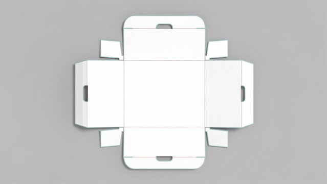 Unopened white delivery box with flaps open on gray background for shipping packaging and logistics products