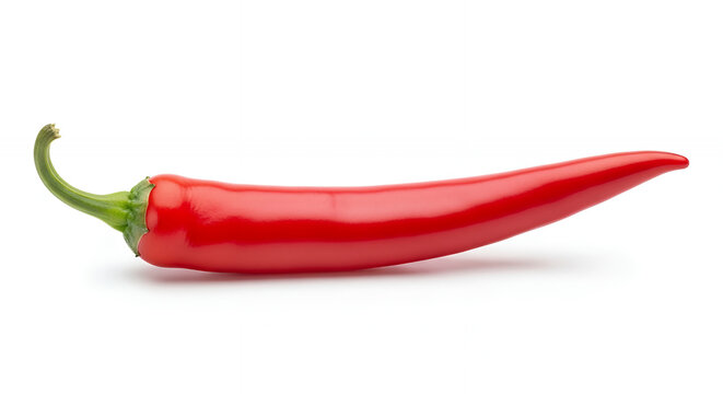 A single red chili pepper, isolated on a pure white background
