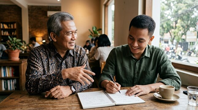 Senior mentor and young professional discussing business ideas in a modern cafe setting.