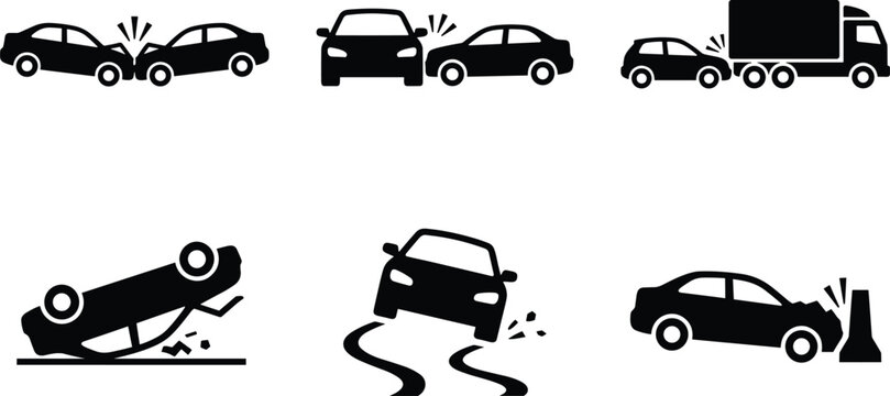 Car Accident and Road Safety Silhouette Icon Set with Head On Collision, Side Impact, Rear End Truck Crash, Rollover, and Skid Marks Vector Illustrations
